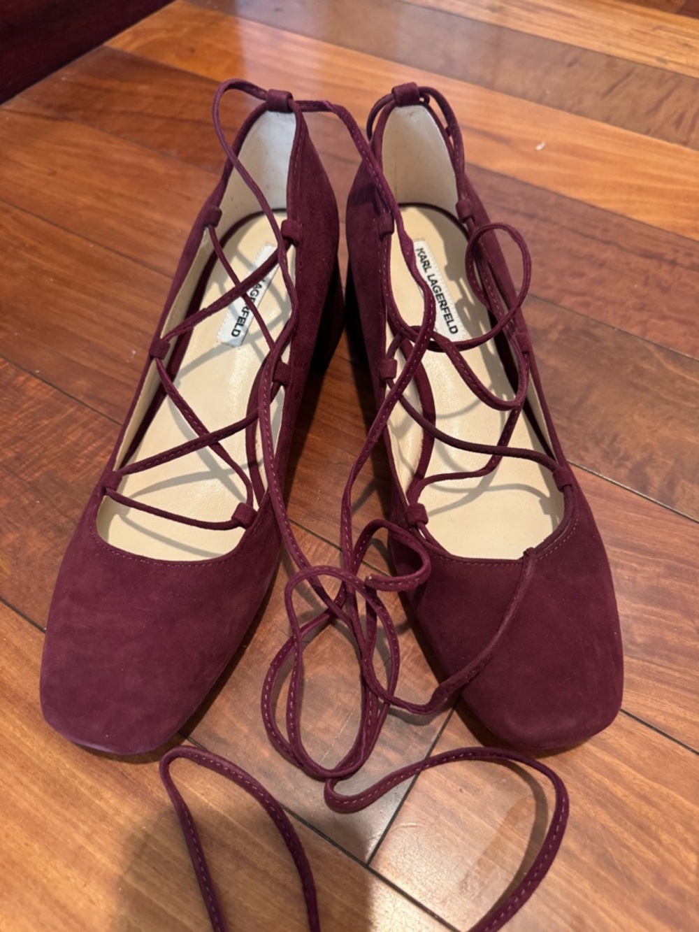 Karl Lagerfeld Burgundy Suede Lace-Up Square-Toe Flats